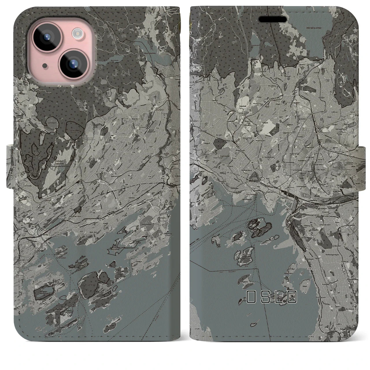 【オスロ(ノルウェー)】地図柄iPhoneケース(手帳タイプ)モノトーン・iPhone 15 Plus 用