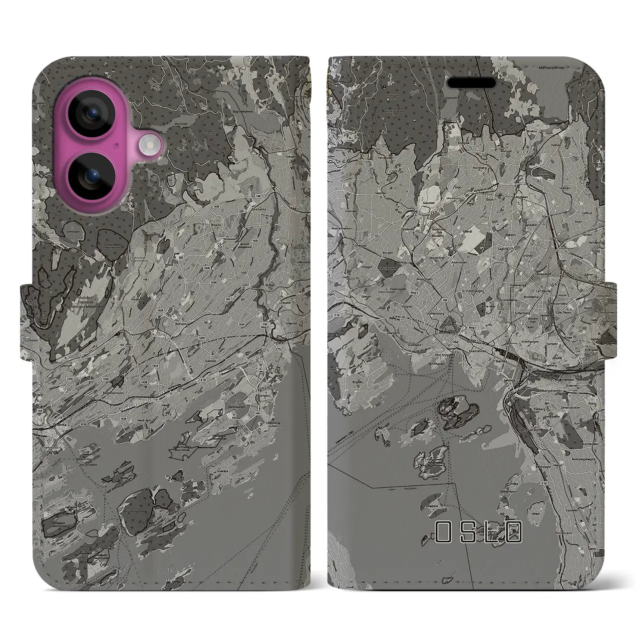 【オスロ(ノルウェー)】地図柄iPhoneケース(手帳タイプ)モノトーン・iPhone 16 Pro 用