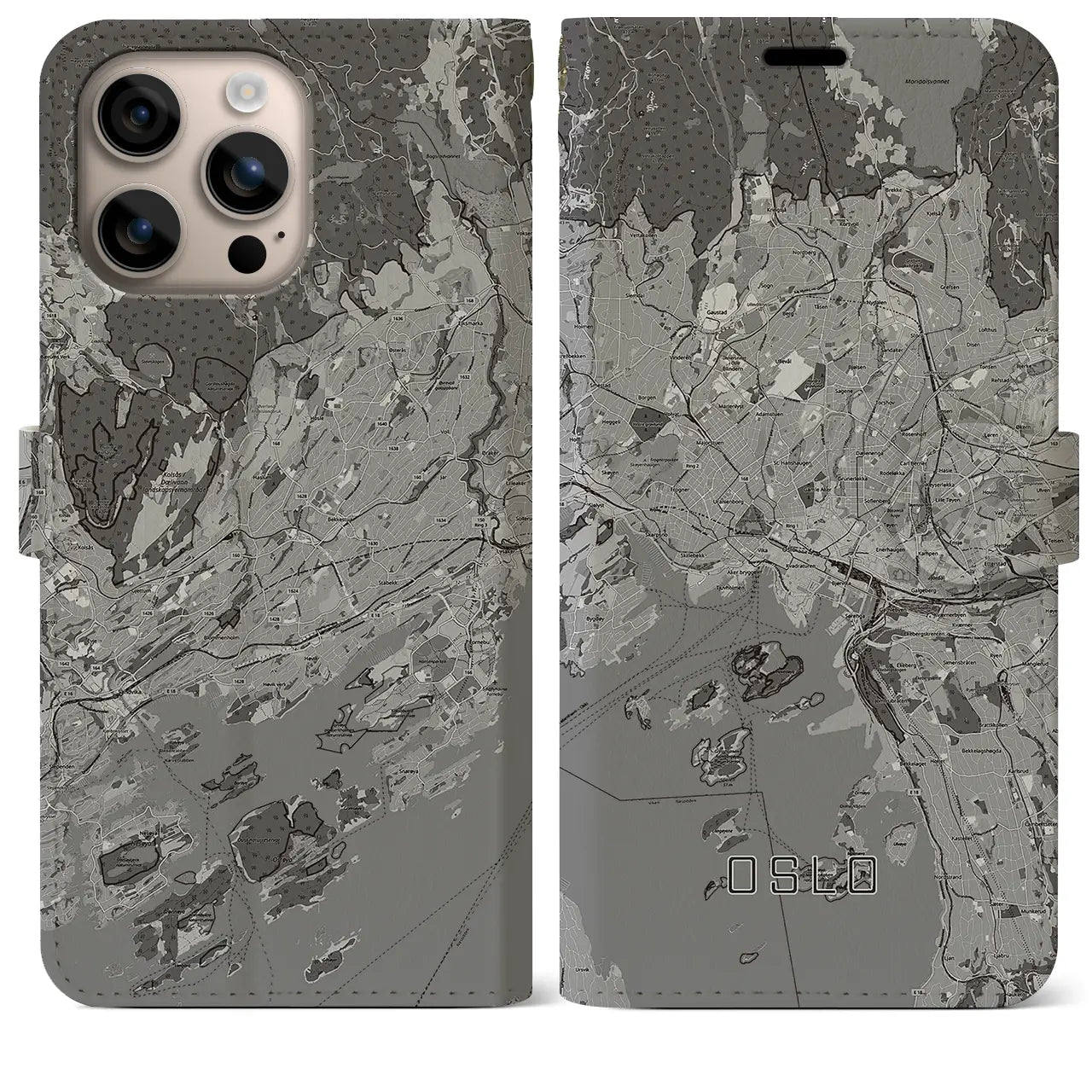 【オスロ(ノルウェー)】地図柄iPhoneケース(手帳タイプ)モノトーン・iPhone 16 Plus 用