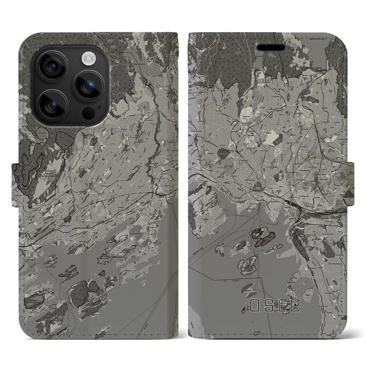 【オスロ(ノルウェー)】地図柄iPhoneケース(手帳タイプ)モノトーン・iPhone 16 用