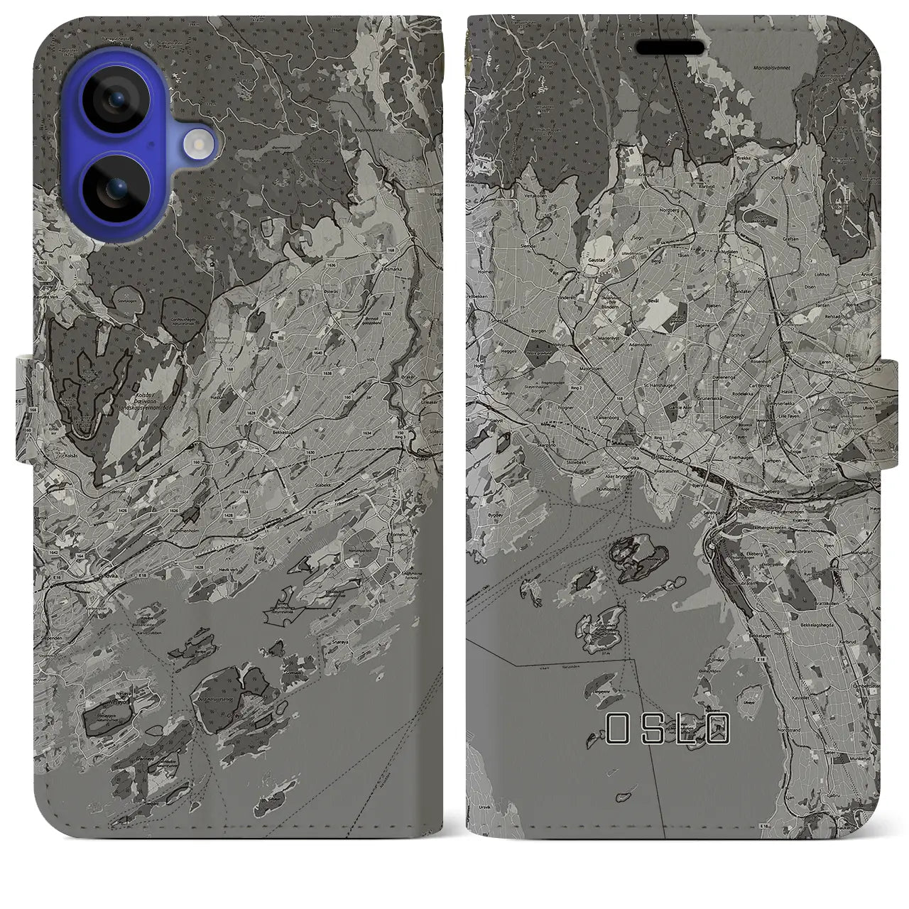 【オスロ(ノルウェー)】地図柄iPhoneケース(手帳タイプ)モノトーン・iPhone 16 Pro Max 用