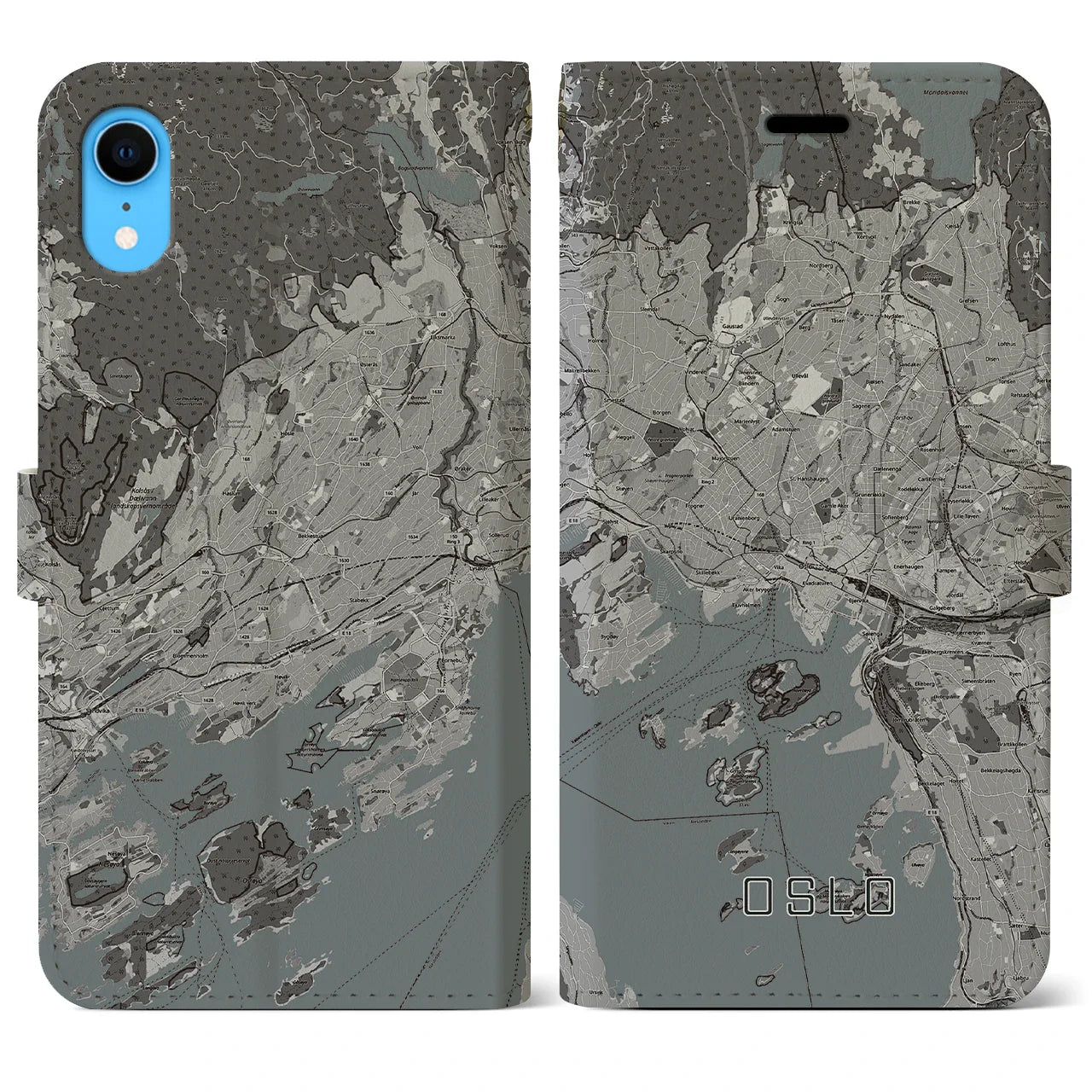 【オスロ(ノルウェー)】地図柄iPhoneケース(手帳タイプ)モノトーン・iPhone XR 用