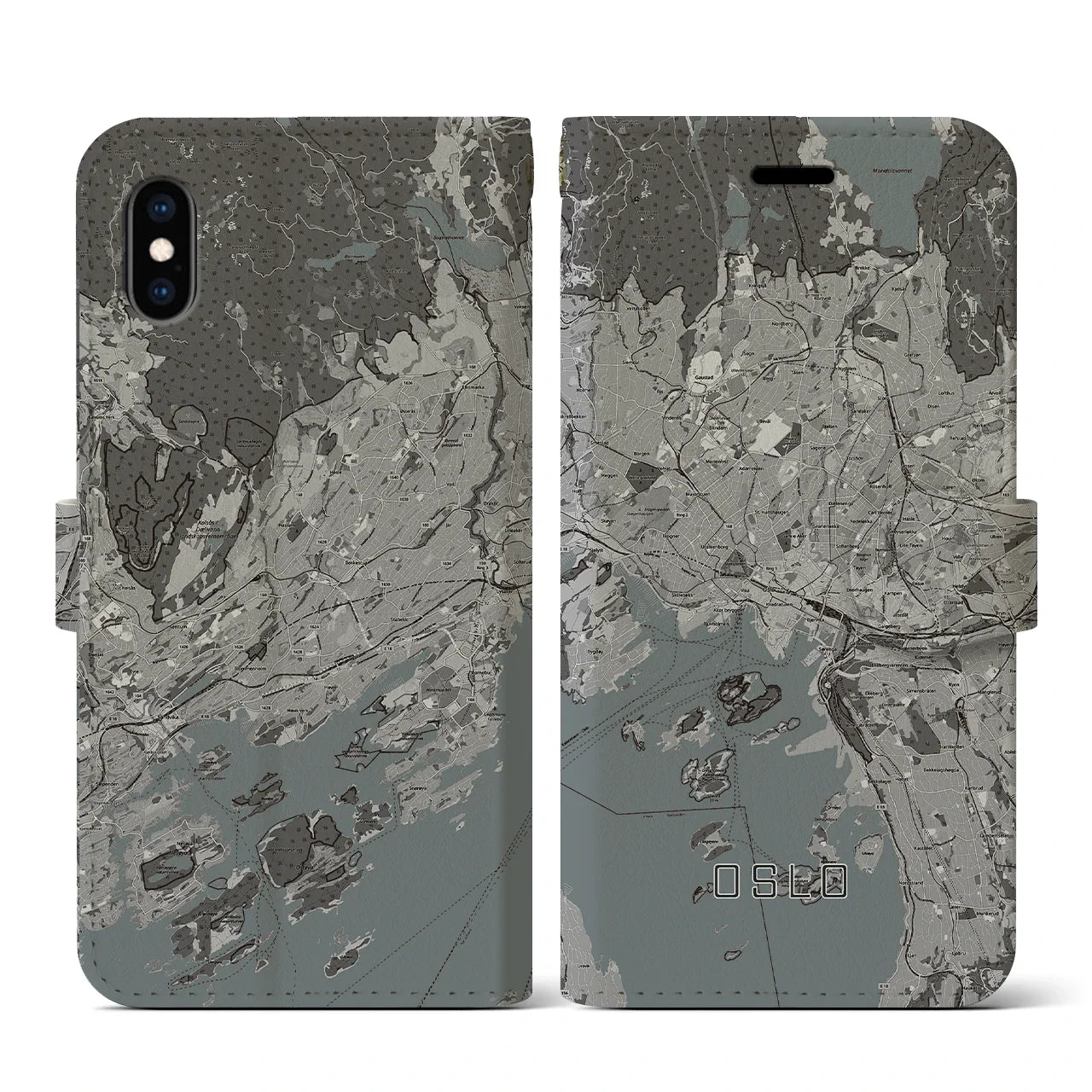 【オスロ(ノルウェー)】地図柄iPhoneケース(手帳タイプ)モノトーン・iPhone XS / X 用