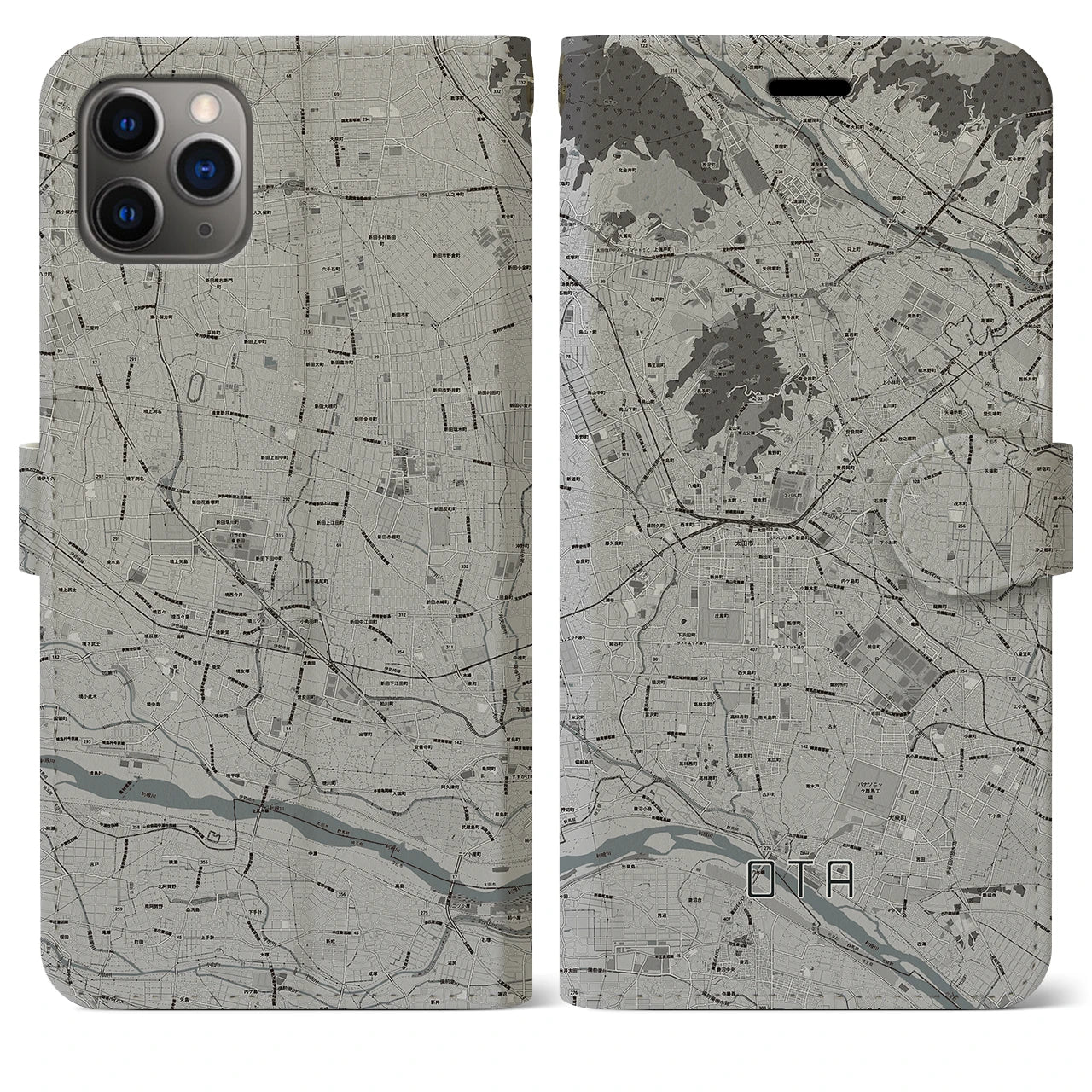 【太田(群馬県)】地図柄iPhoneケース(手帳タイプ)モノトーン・iPhone 11 Pro Max 用