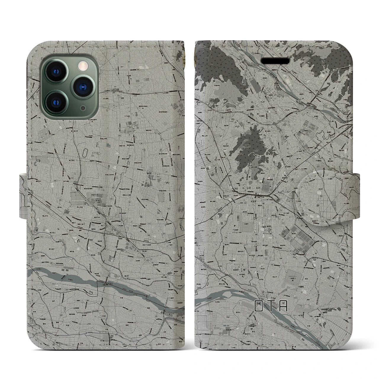 【太田(群馬県)】地図柄iPhoneケース(手帳タイプ)モノトーン・iPhone 11 Pro 用