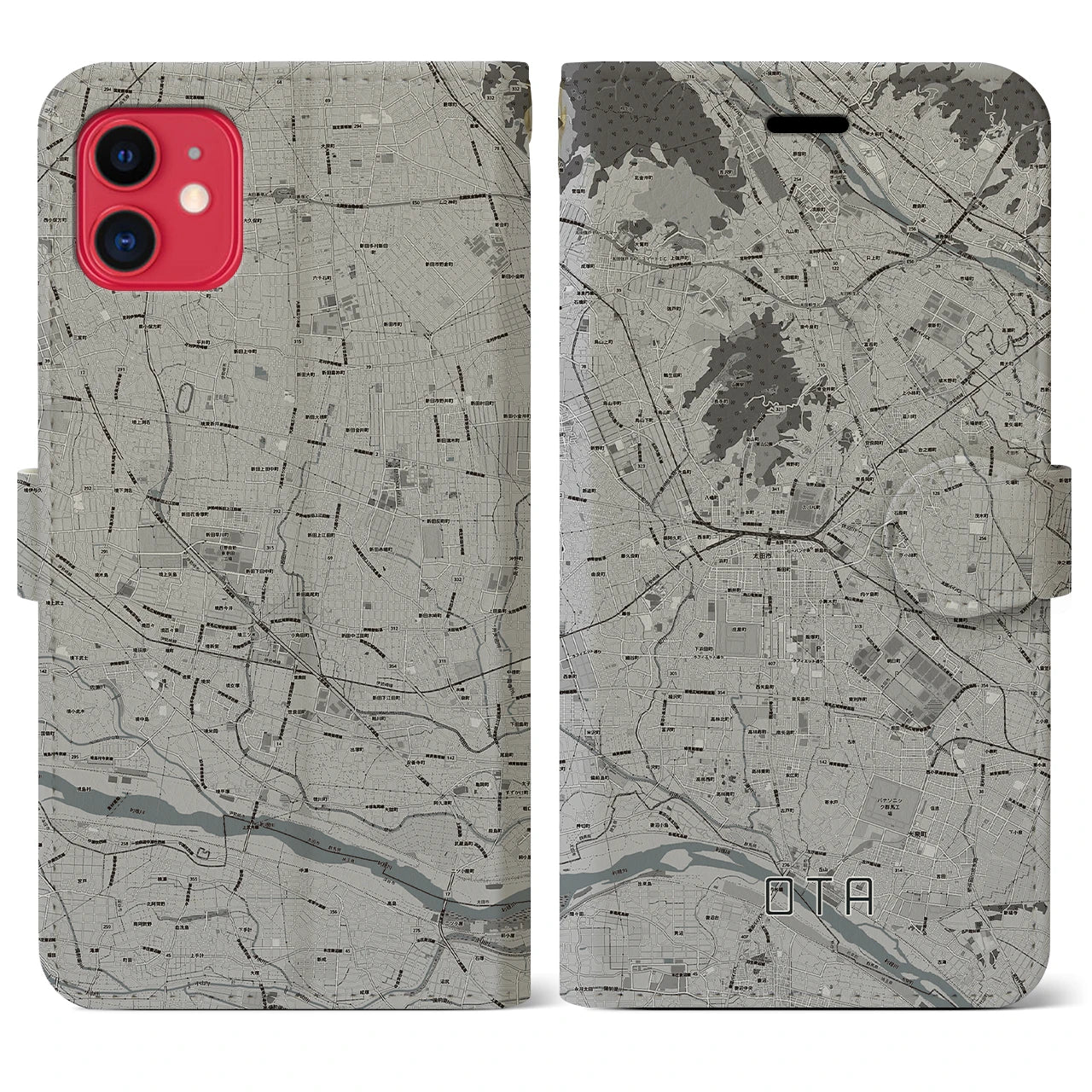 【太田(群馬県)】地図柄iPhoneケース(手帳タイプ)モノトーン・iPhone 11 用