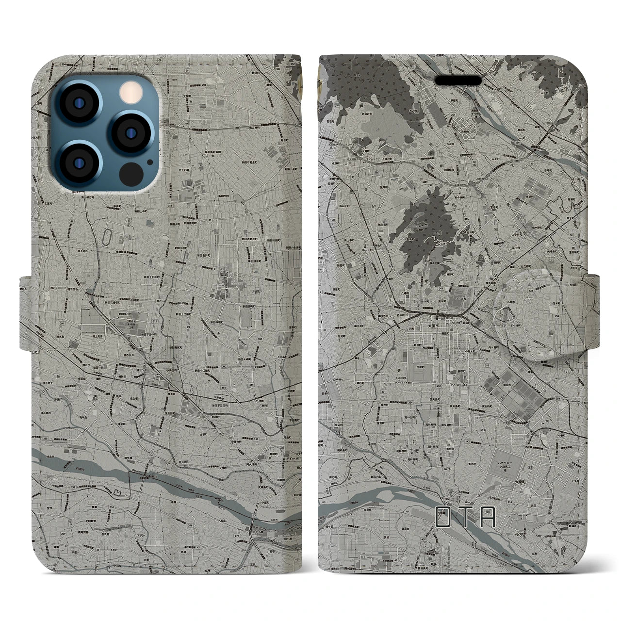【太田(群馬県)】地図柄iPhoneケース(手帳タイプ)モノトーン・iPhone 12 / 12 Pro 用