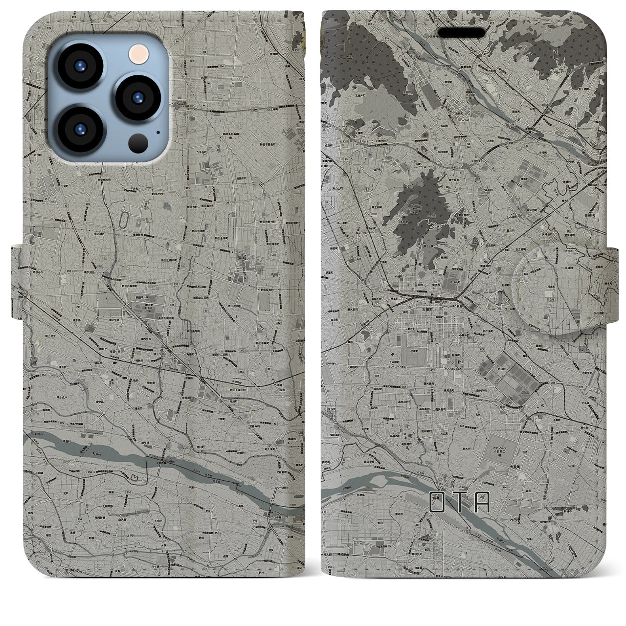 【太田(群馬県)】地図柄iPhoneケース(手帳タイプ)ナチュラル・iPhone 14 Plus 用