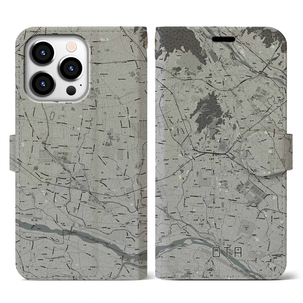 【太田(群馬県)】地図柄iPhoneケース(手帳タイプ)モノトーン・iPhone 14 Plus 用