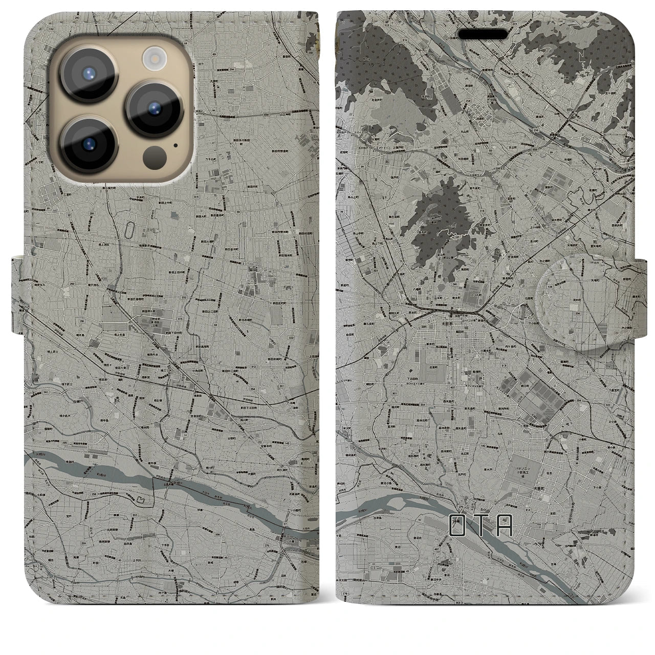 【太田(群馬県)】地図柄iPhoneケース(手帳タイプ)ナチュラル・iPhone 14 Pro Max 用
