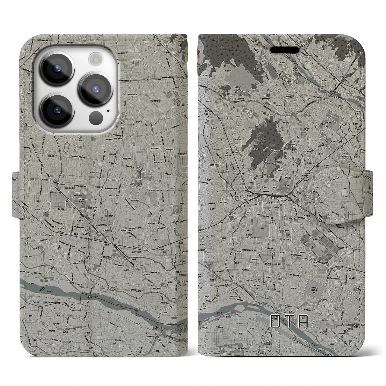 【太田(群馬県)】地図柄iPhoneケース(手帳タイプ)モノトーン・iPhone 14 Pro Max 用