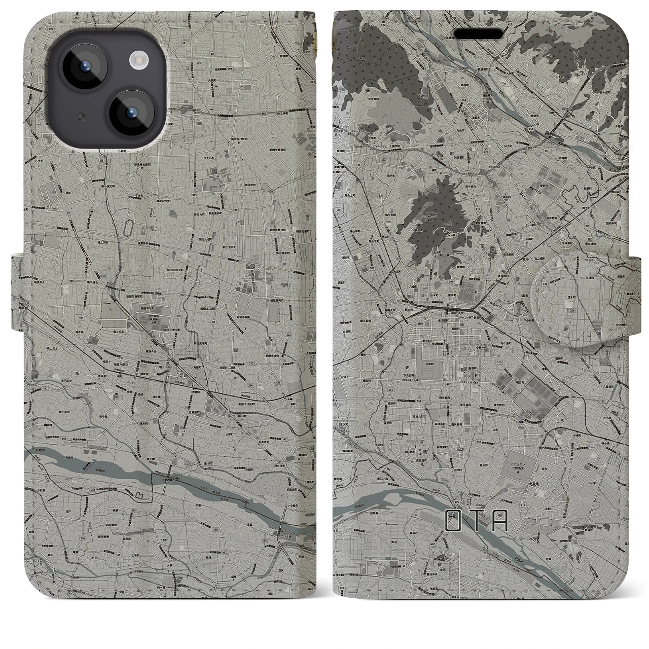 【太田(群馬県)】地図柄iPhoneケース(手帳タイプ)モノトーン・iPhone 14 Pro 用