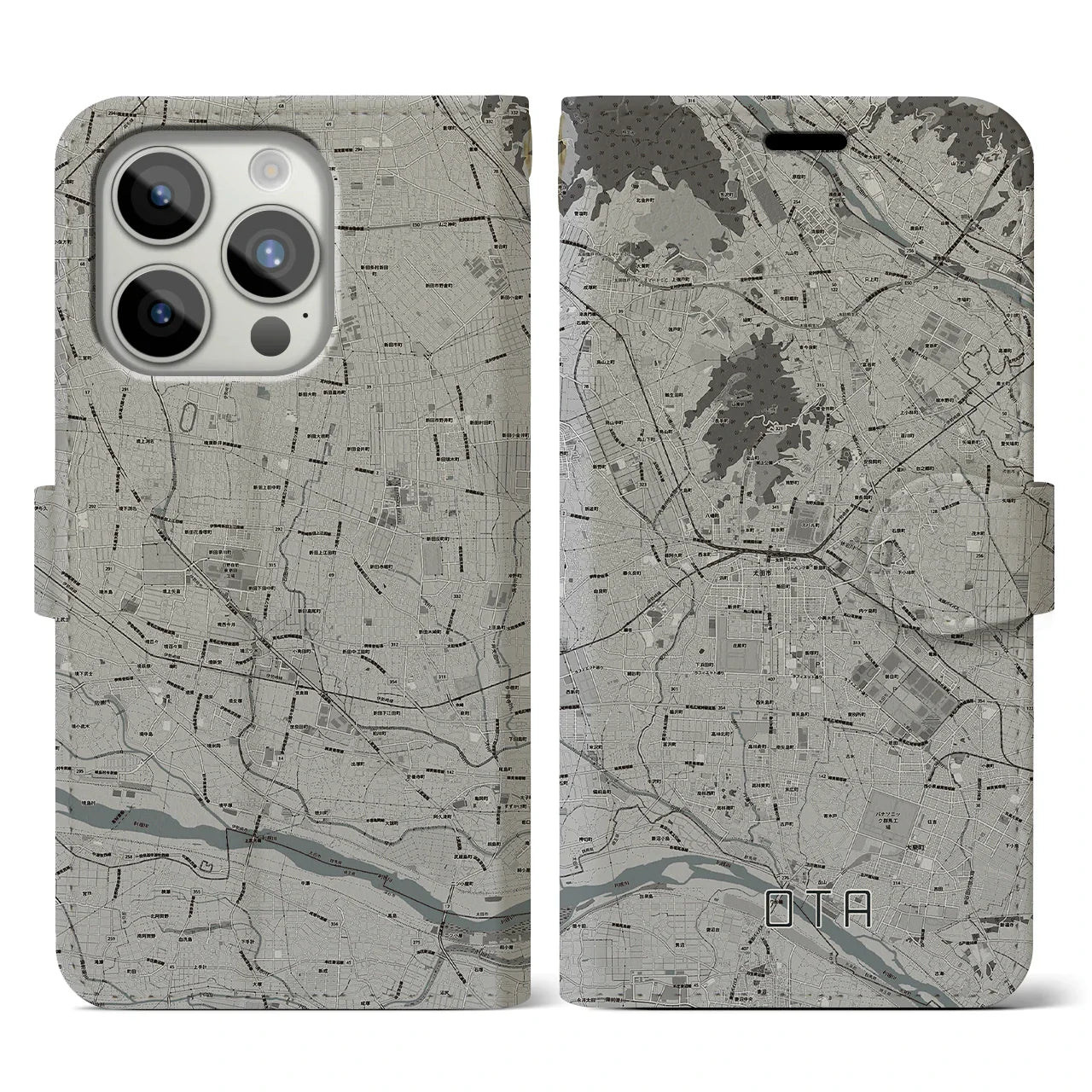 【太田(群馬県)】地図柄iPhoneケース(手帳タイプ)モノトーン・iPhone 15 Pro 用