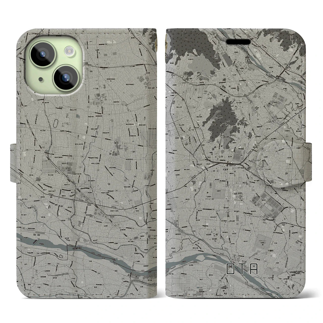 【太田(群馬県)】地図柄iPhoneケース(手帳タイプ)モノトーン・iPhone 15 用