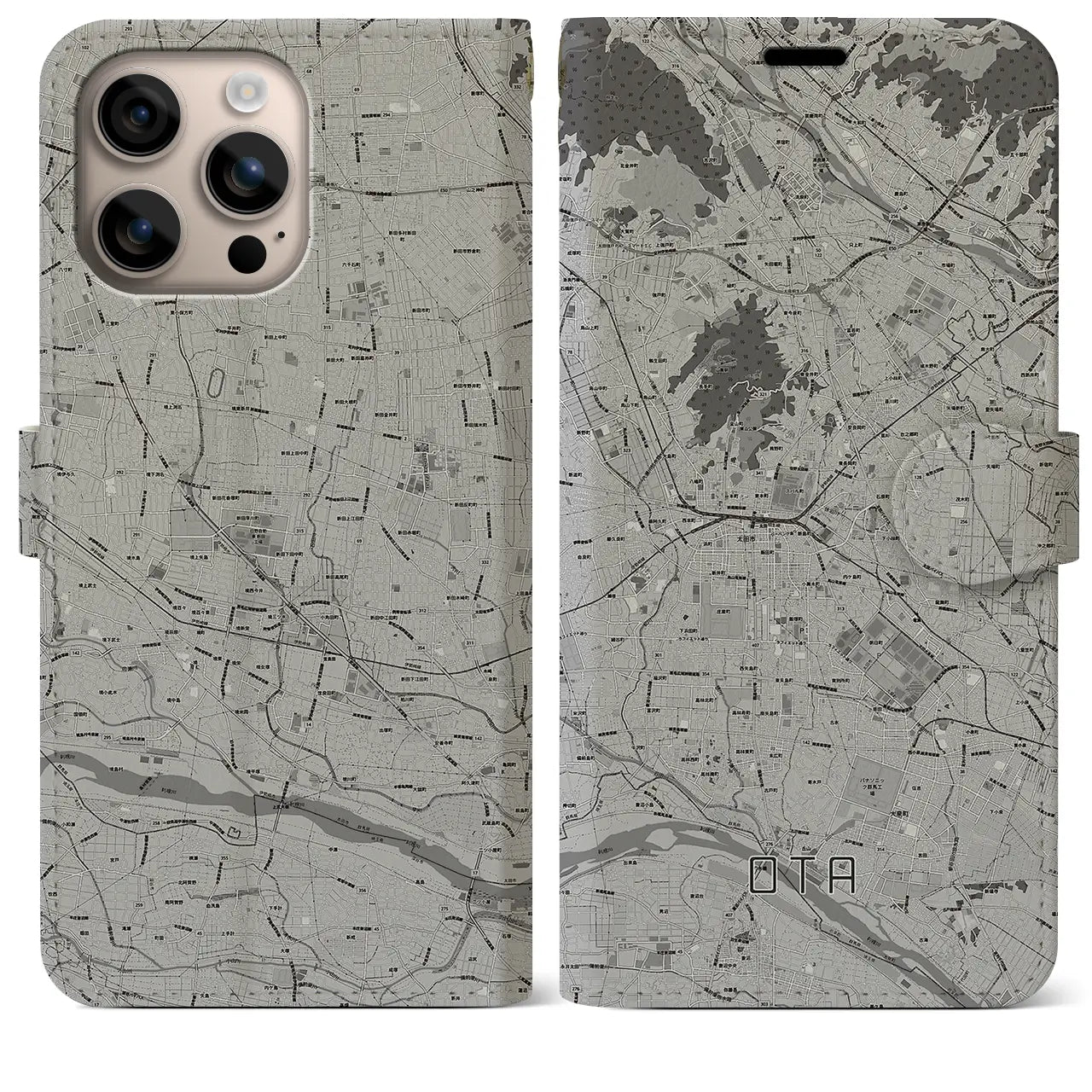 【太田(群馬県)】地図柄iPhoneケース(手帳タイプ)モノトーン・iPhone 16 Plus 用