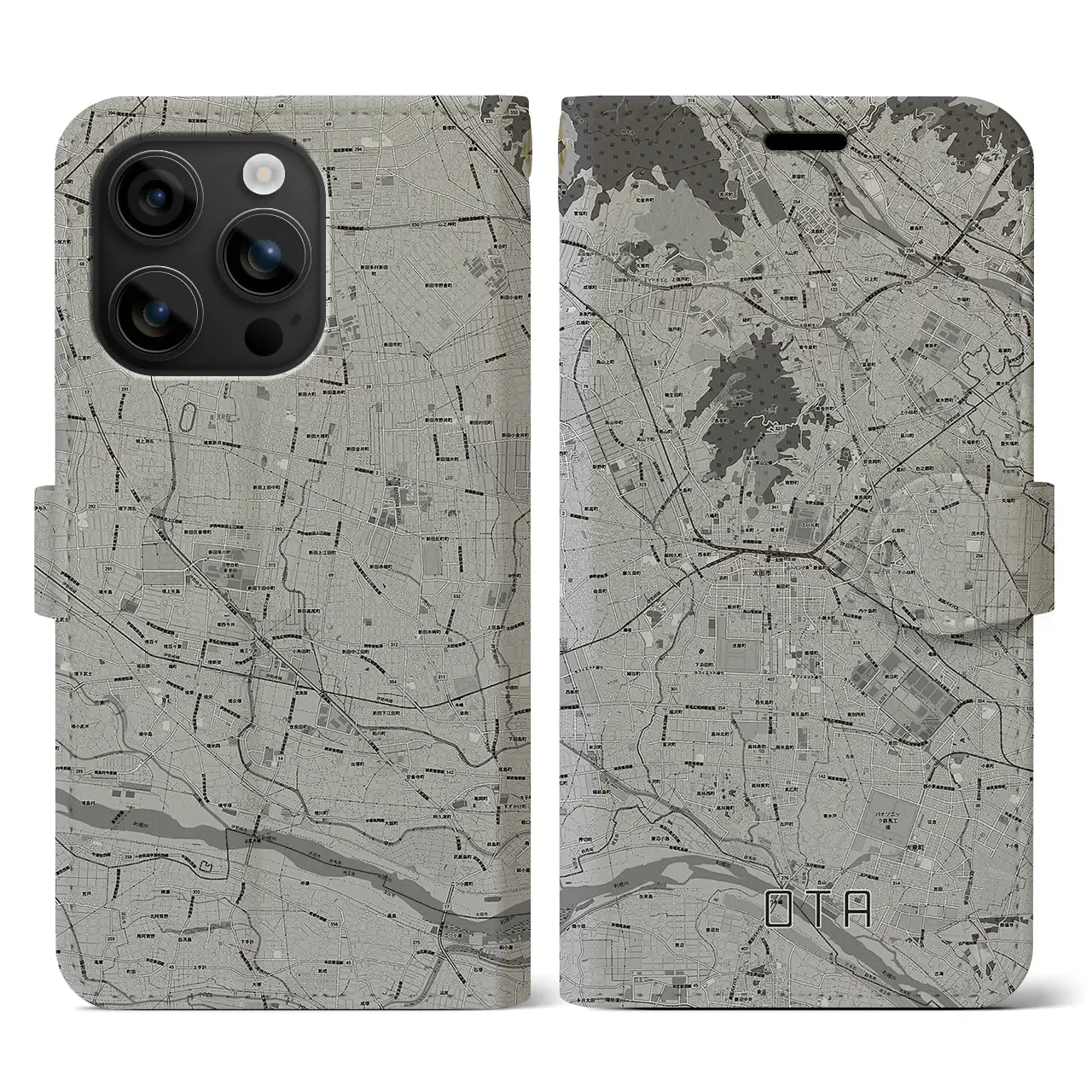 【太田(群馬県)】地図柄iPhoneケース(手帳タイプ)モノトーン・iPhone 16 用
