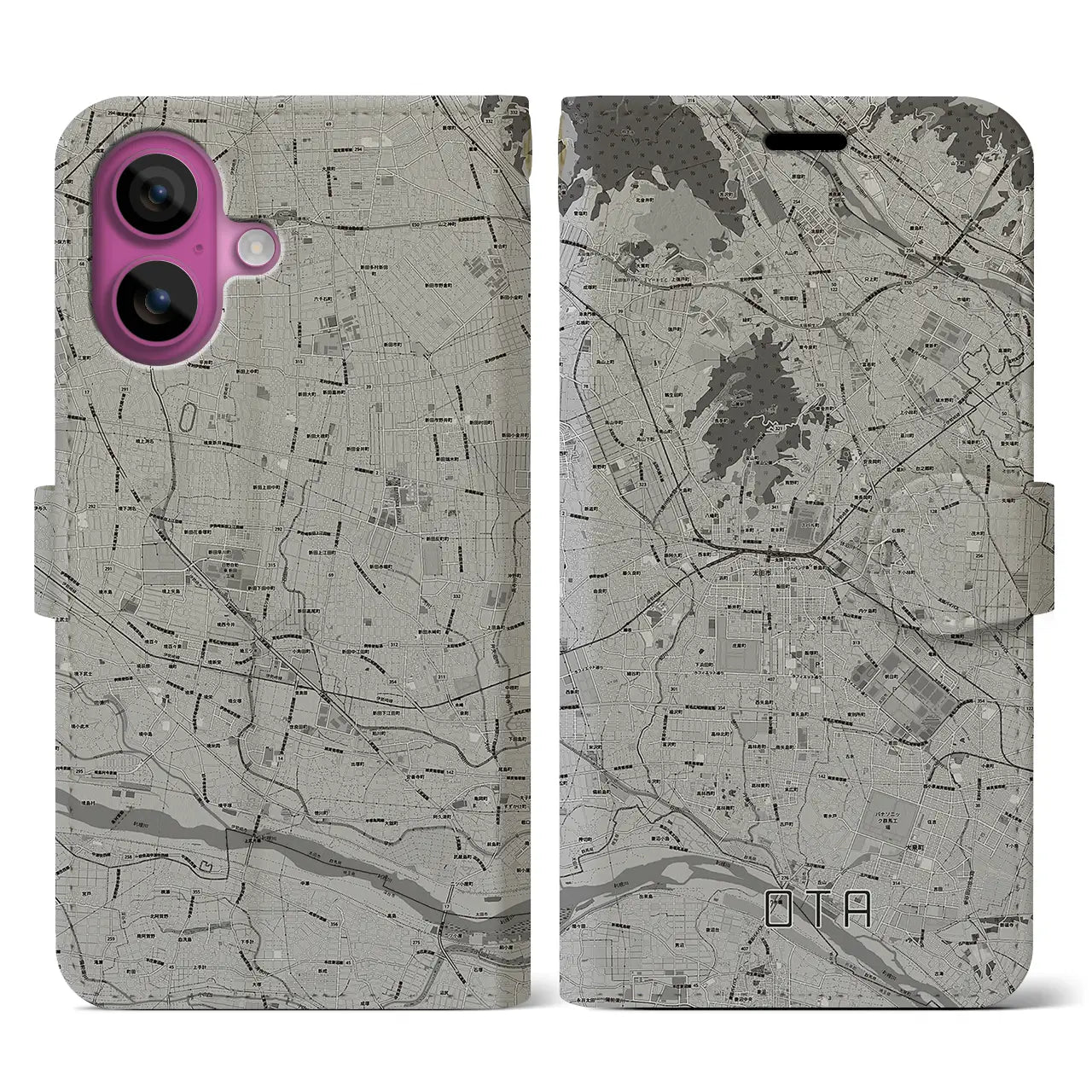 【太田(群馬県)】地図柄iPhoneケース(手帳タイプ)モノトーン・iPhone 16 Pro 用