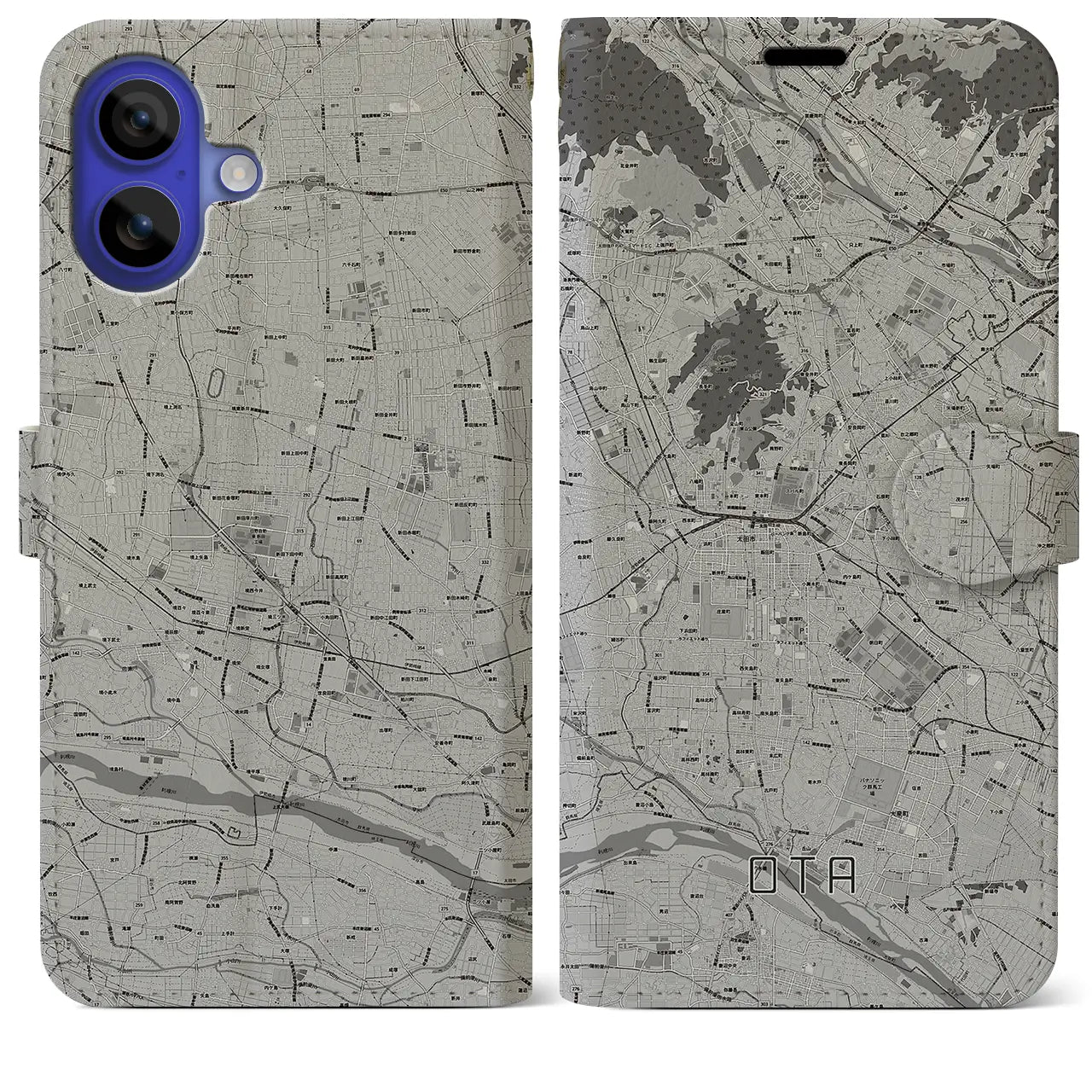 【太田(群馬県)】地図柄iPhoneケース(手帳タイプ)モノトーン・iPhone 16 Pro Max 用