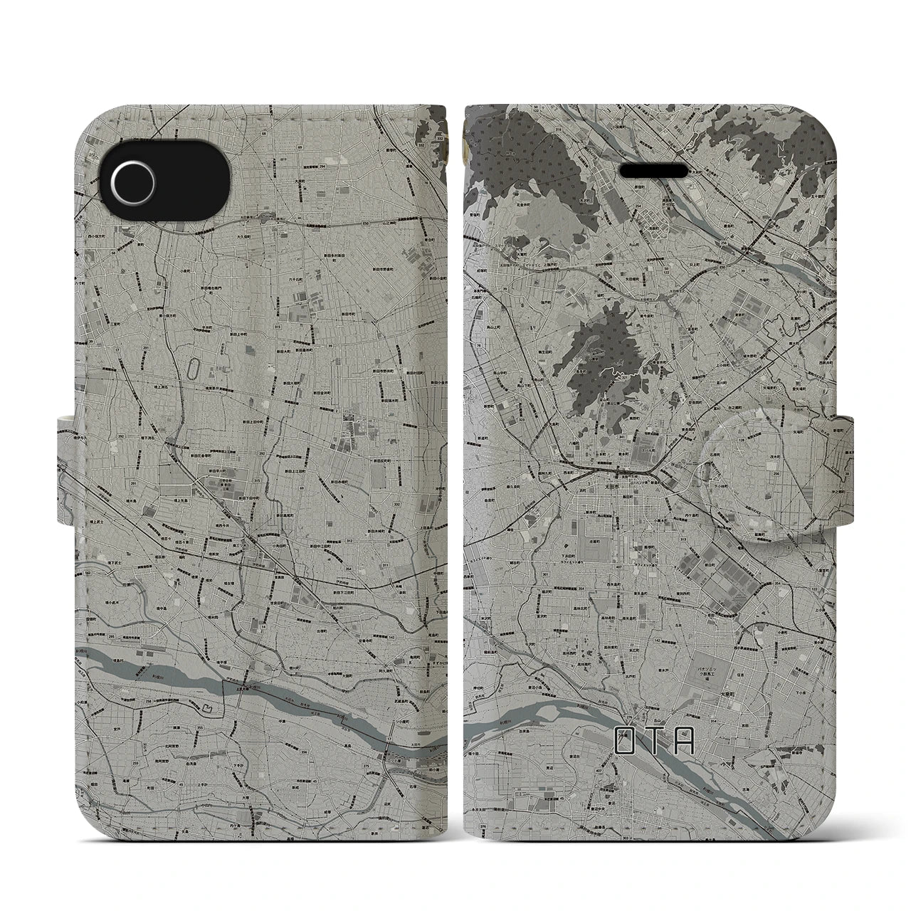 【太田(群馬県)】地図柄iPhoneケース(手帳タイプ)モノトーン・iPhone SE(第3 / 第2世代) / 8 / 7 / 6s / 6 用