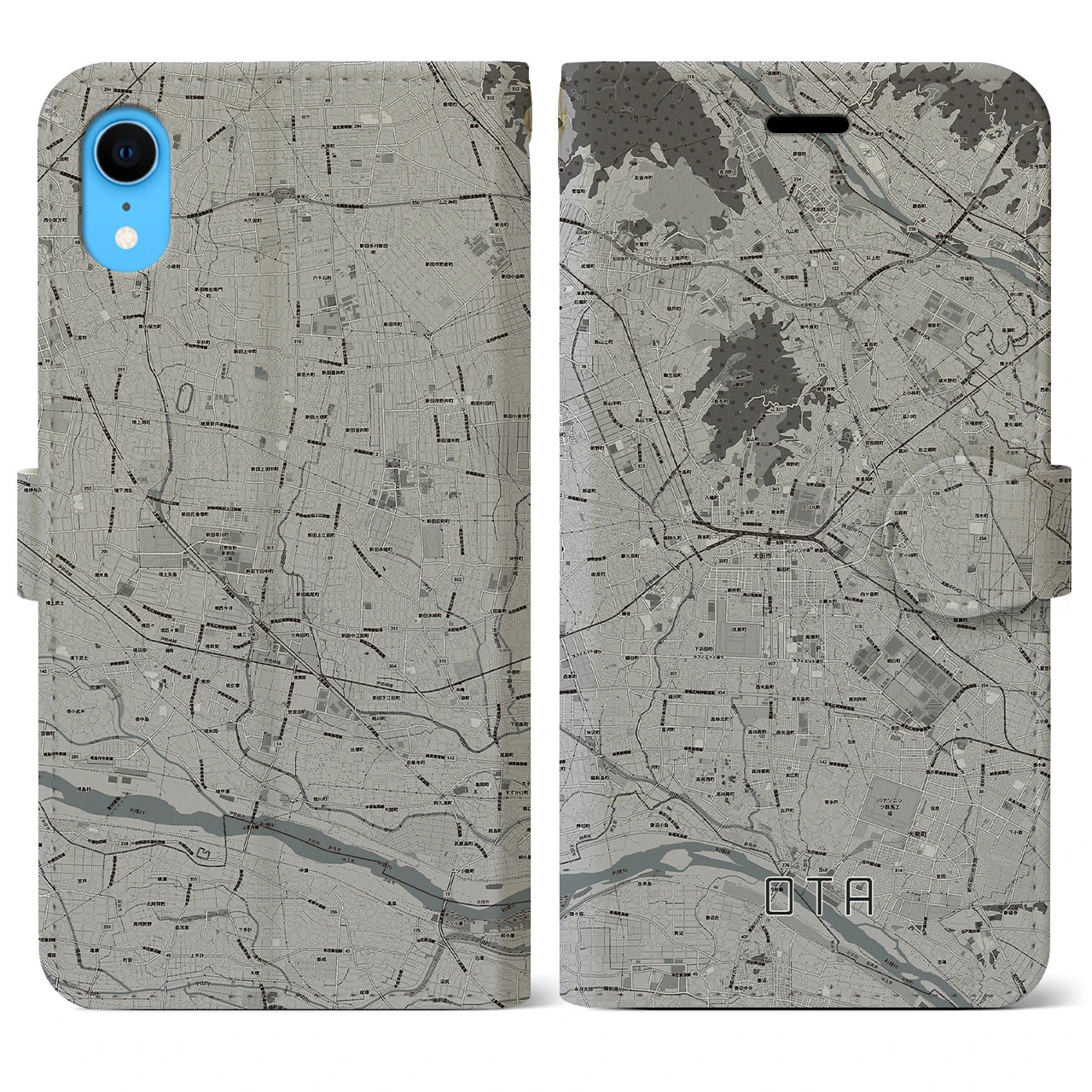 【太田(群馬県)】地図柄iPhoneケース(手帳タイプ)モノトーン・iPhone XR 用