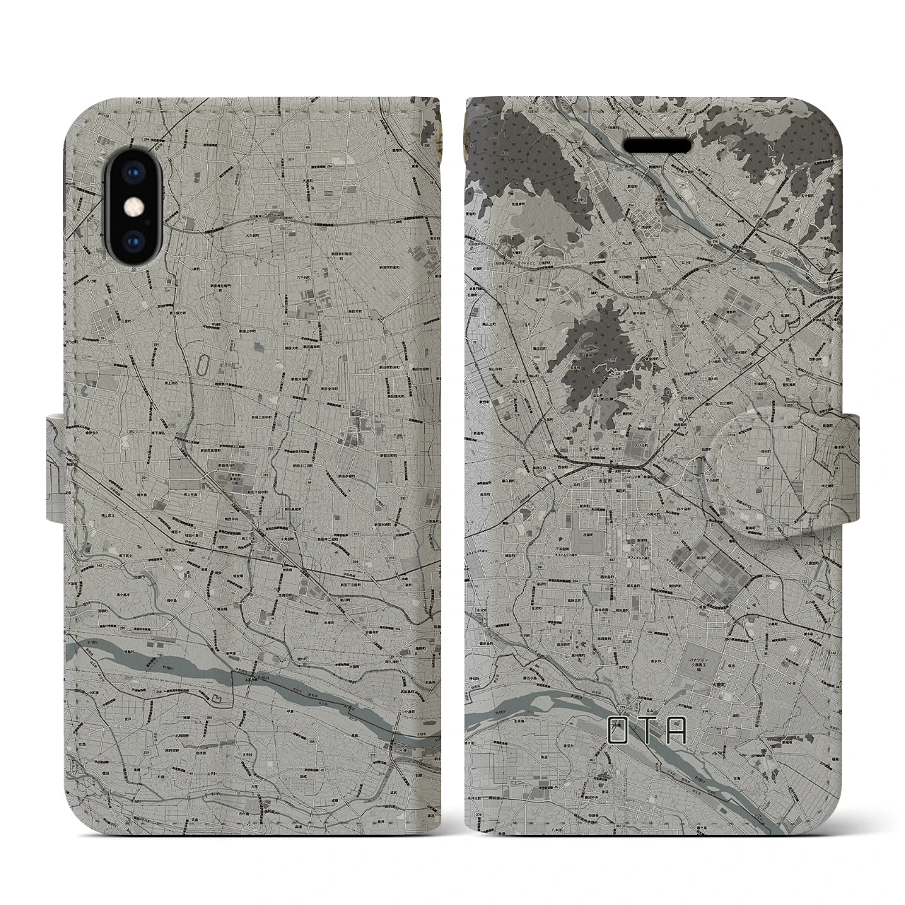 【太田(群馬県)】地図柄iPhoneケース(手帳タイプ)モノトーン・iPhone XS / X 用