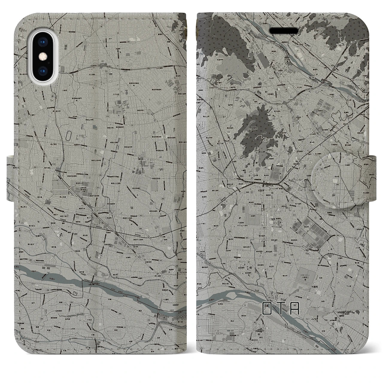 【太田(群馬県)】地図柄iPhoneケース(手帳タイプ)モノトーン・iPhone XS Max 用