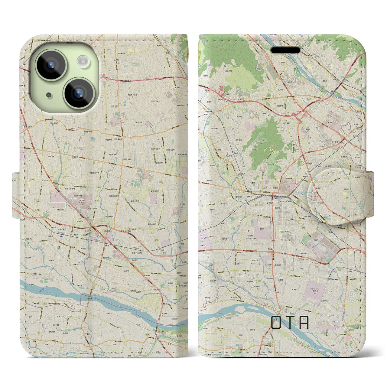 【太田(群馬県)】地図柄iPhoneケース(手帳タイプ)ナチュラル・iPhone 15 用