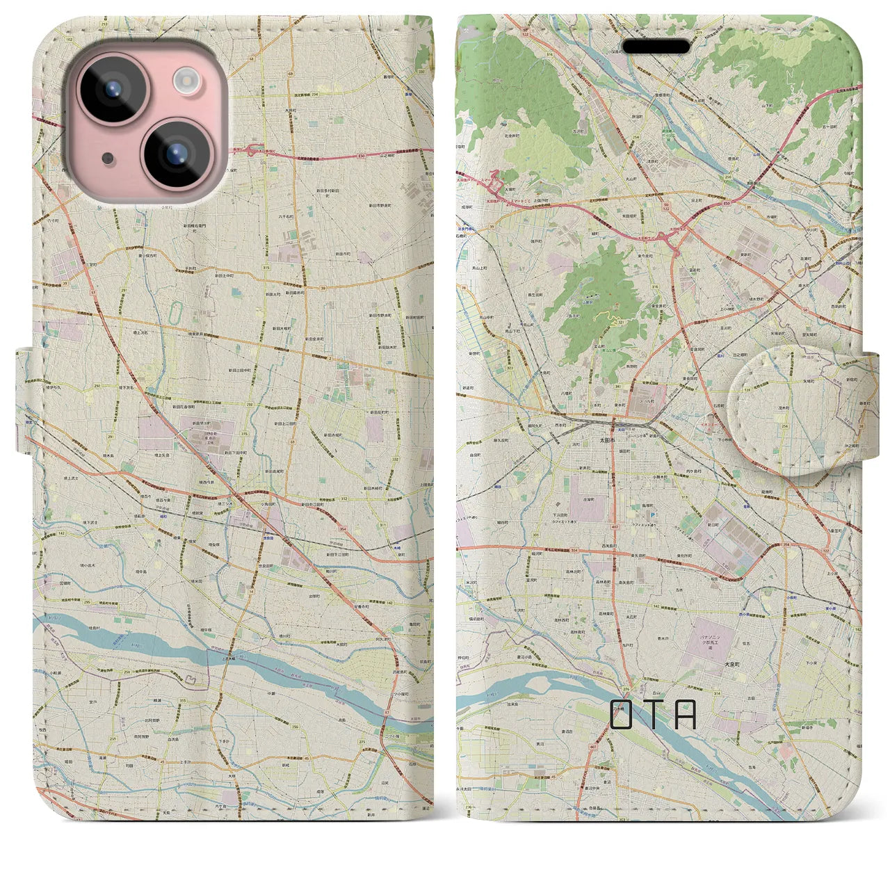 【太田(群馬県)】地図柄iPhoneケース(手帳タイプ)ナチュラル・iPhone 15 Plus 用