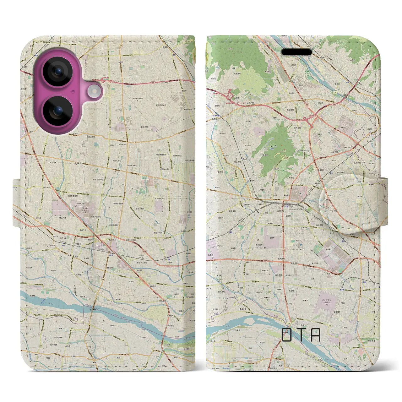 【太田(群馬県)】地図柄iPhoneケース(手帳タイプ)ナチュラル・iPhone 16 Pro 用