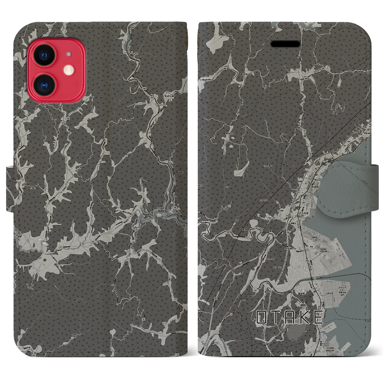 【大竹(広島県)】地図柄iPhoneケース(手帳タイプ)モノトーン・iPhone 11 用