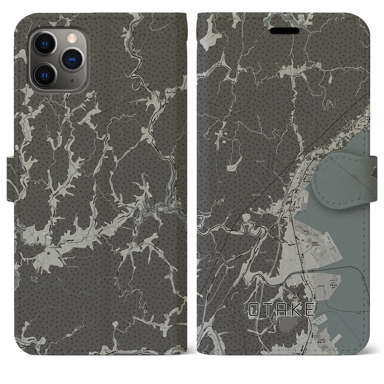 【大竹(広島県)】地図柄iPhoneケース(手帳タイプ)モノトーン・iPhone 11 Pro Max 用