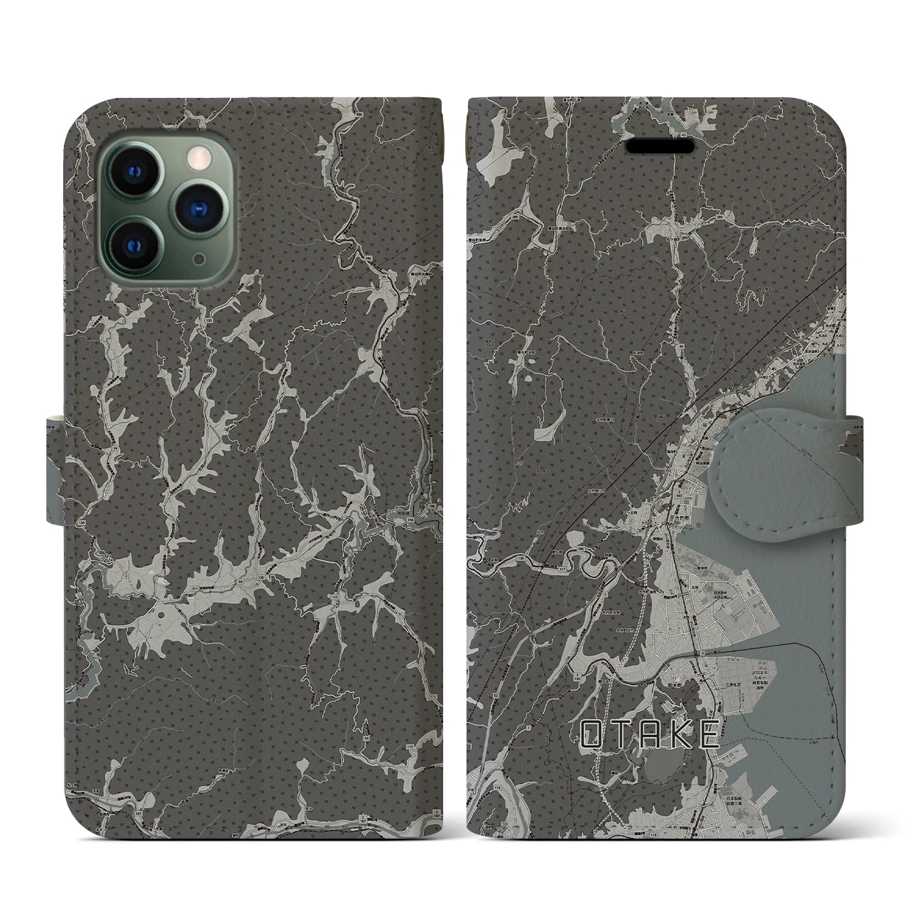 【大竹(広島県)】地図柄iPhoneケース(手帳タイプ)モノトーン・iPhone 11 Pro 用