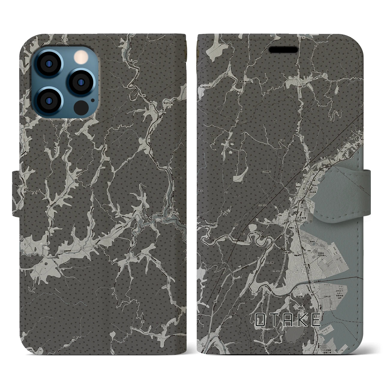 【大竹(広島県)】地図柄iPhoneケース(手帳タイプ)モノトーン・iPhone 12 / 12 Pro 用