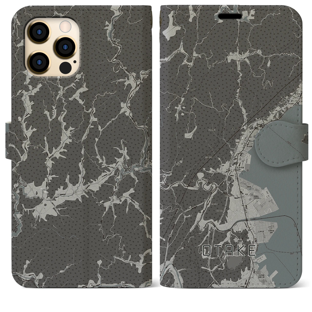 【大竹(広島県)】地図柄iPhoneケース(手帳タイプ)モノトーン・iPhone 12 Pro Max 用