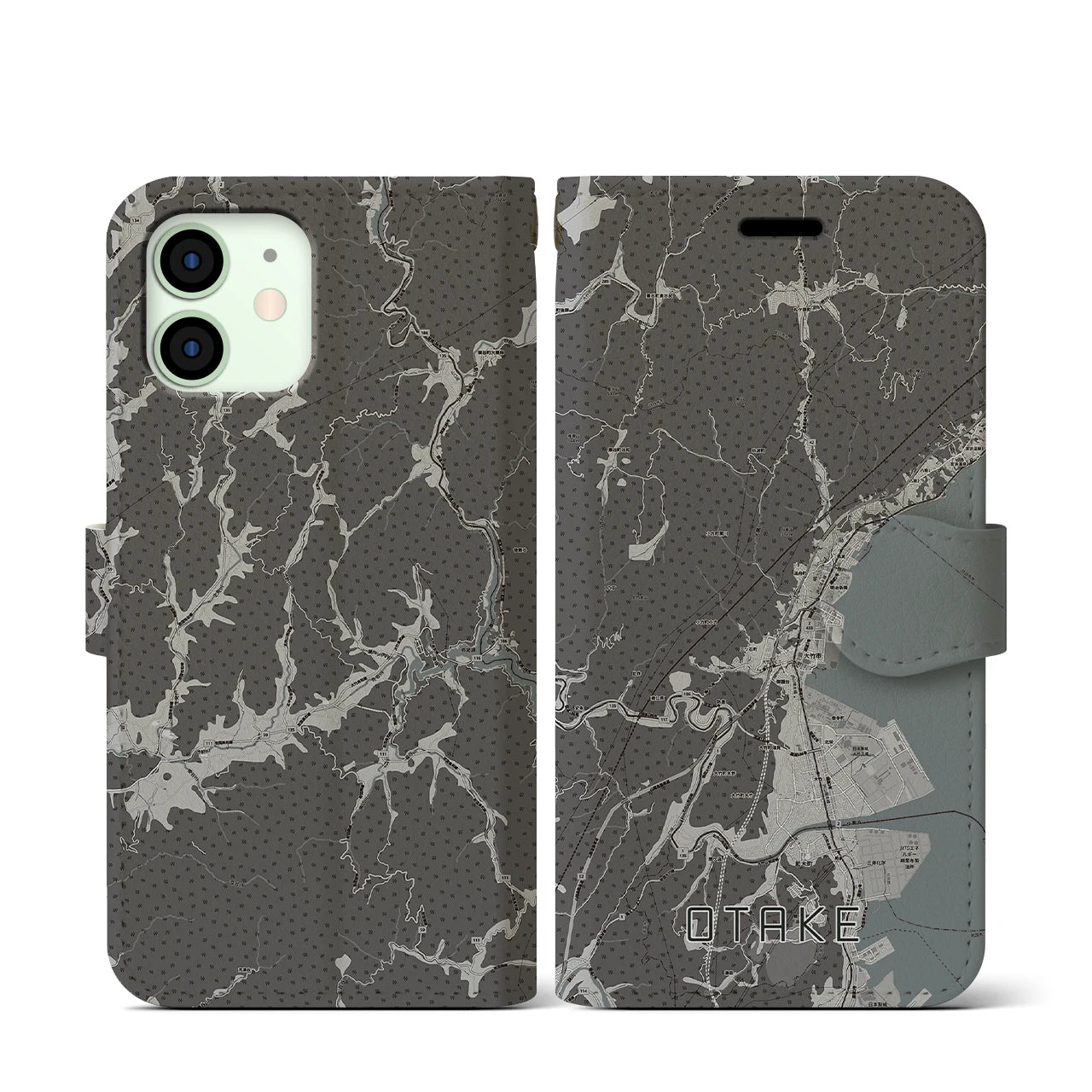 【大竹(広島県)】地図柄iPhoneケース(手帳タイプ)モノトーン・iPhone 12 mini 用