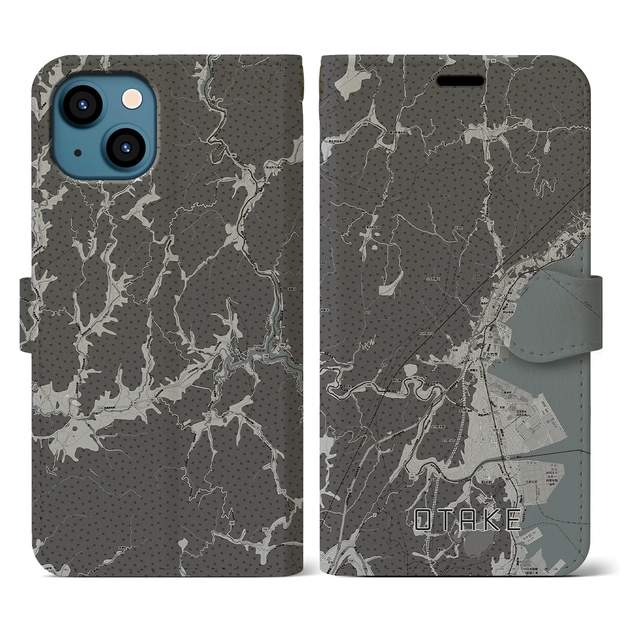 【大竹(広島県)】地図柄iPhoneケース(手帳タイプ)モノトーン・iPhone 13 用