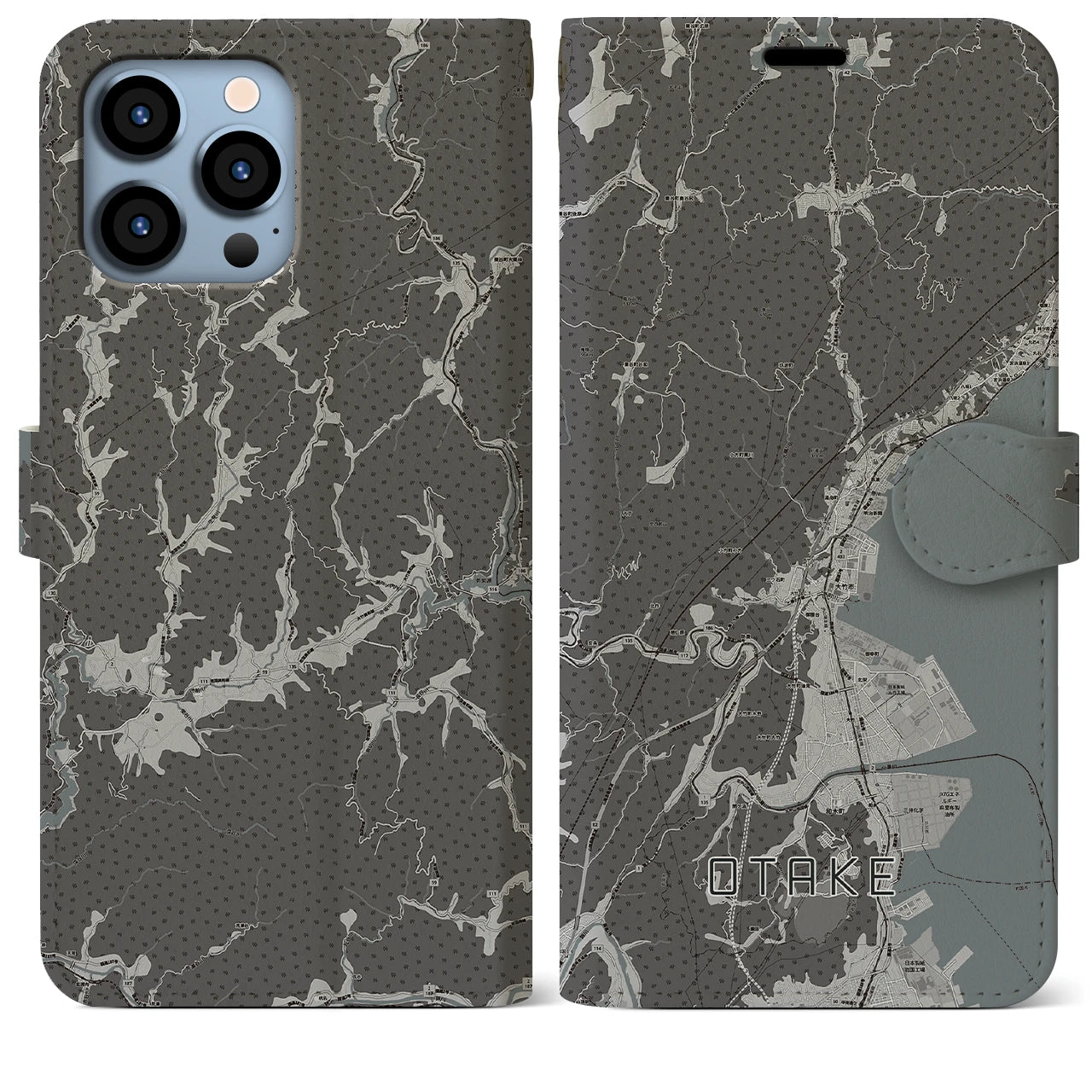 【大竹(広島県)】地図柄iPhoneケース(手帳タイプ)モノトーン・iPhone 13 Pro Max 用
