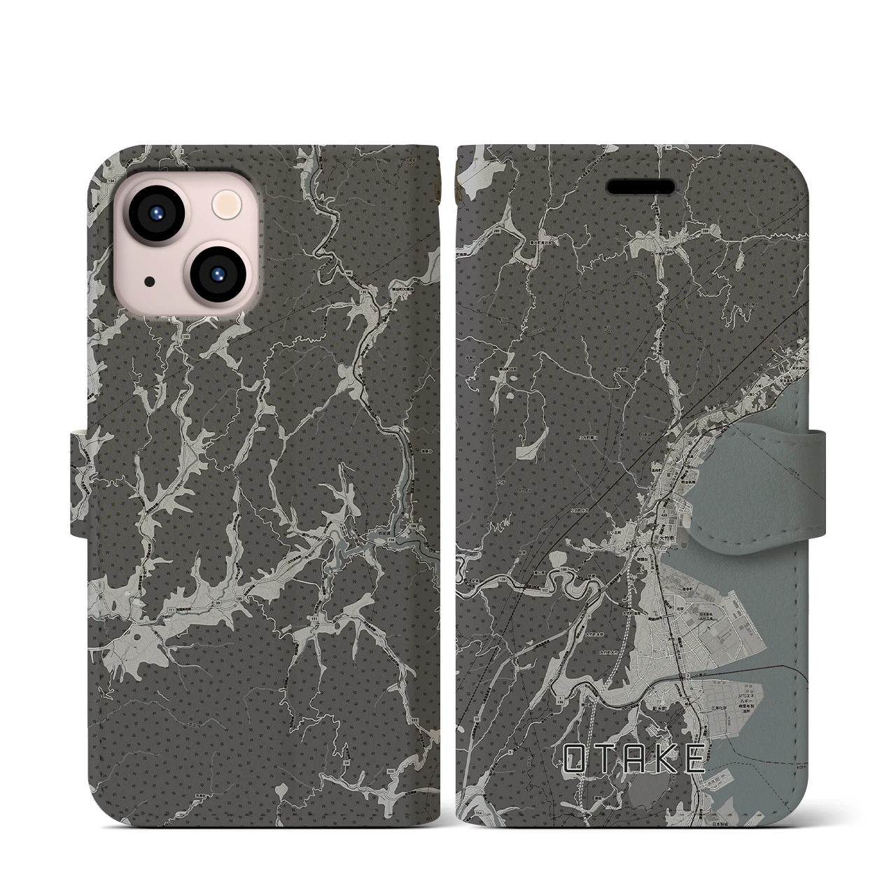 【大竹(広島県)】地図柄iPhoneケース(手帳タイプ)モノトーン・iPhone 13 mini 用