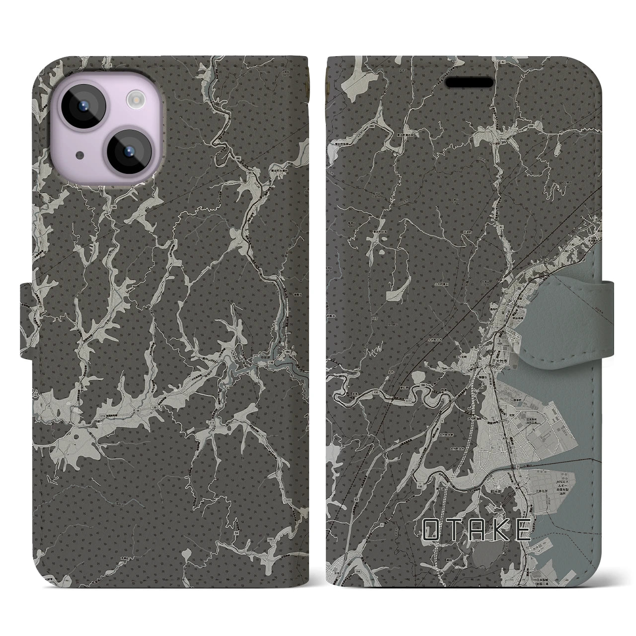 【大竹(広島県)】地図柄iPhoneケース(手帳タイプ)モノトーン・iPhone 14 用