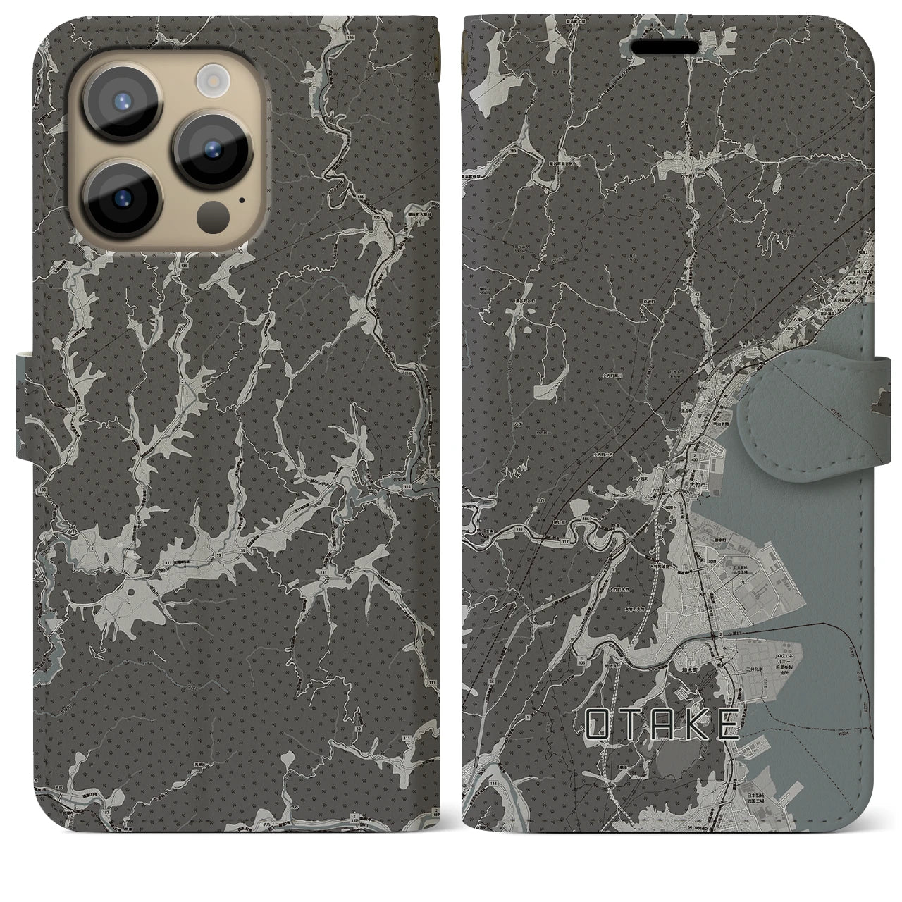 【大竹(広島県)】地図柄iPhoneケース(手帳タイプ)モノトーン・iPhone 14 Pro Max 用