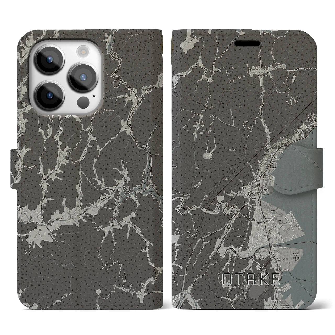 【大竹(広島県)】地図柄iPhoneケース(手帳タイプ)モノトーン・iPhone 14 Pro 用