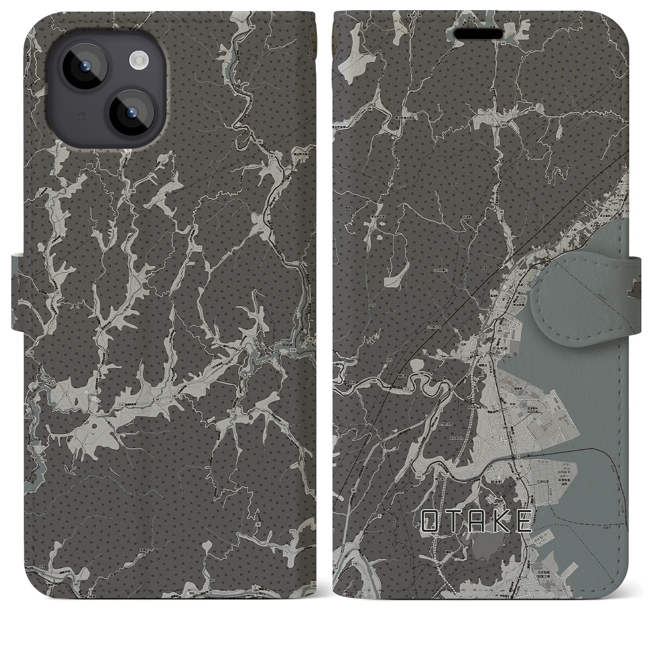 【大竹(広島県)】地図柄iPhoneケース(手帳タイプ)モノトーン・iPhone 14 Plus 用