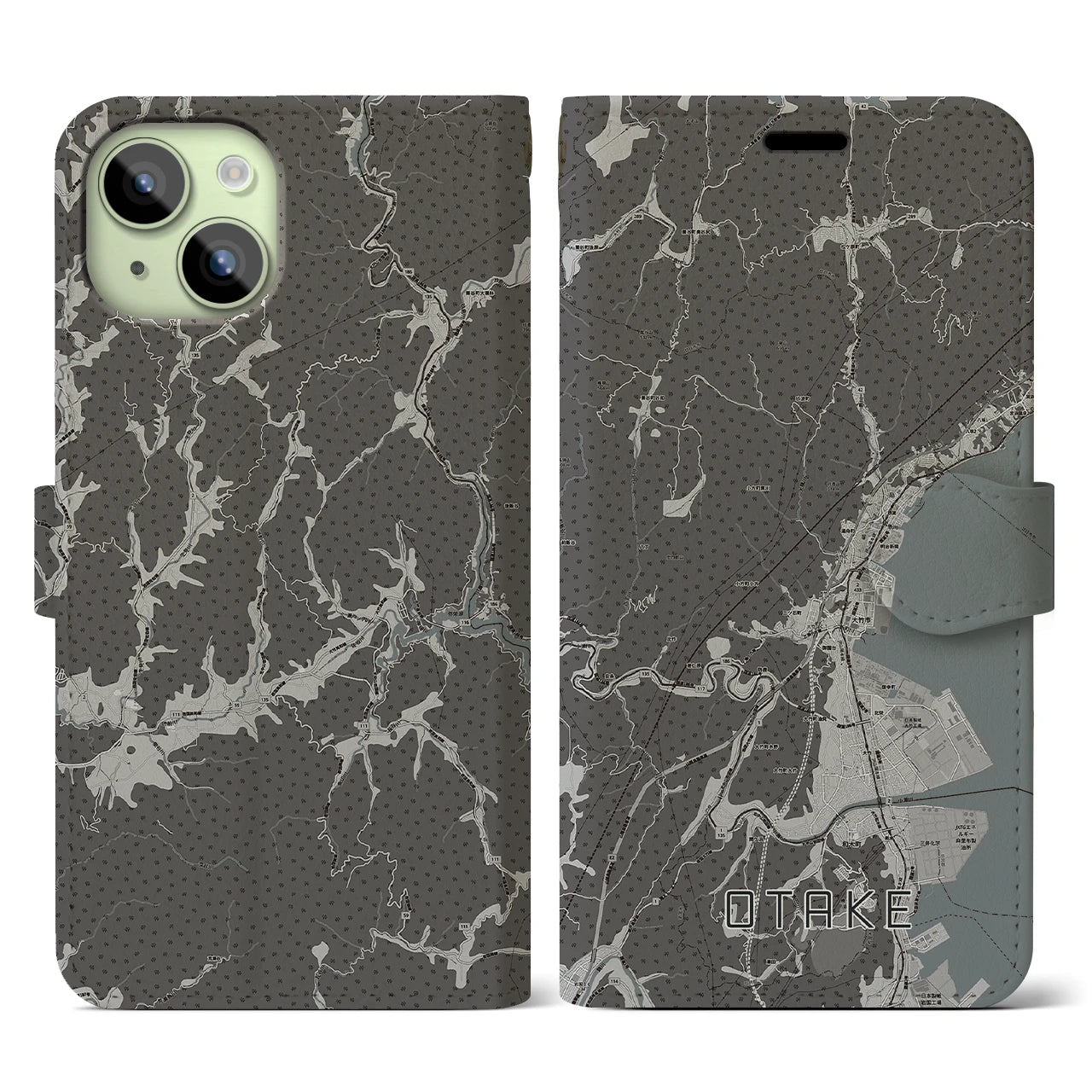 【大竹(広島県)】地図柄iPhoneケース(手帳タイプ)モノトーン・iPhone 15 用