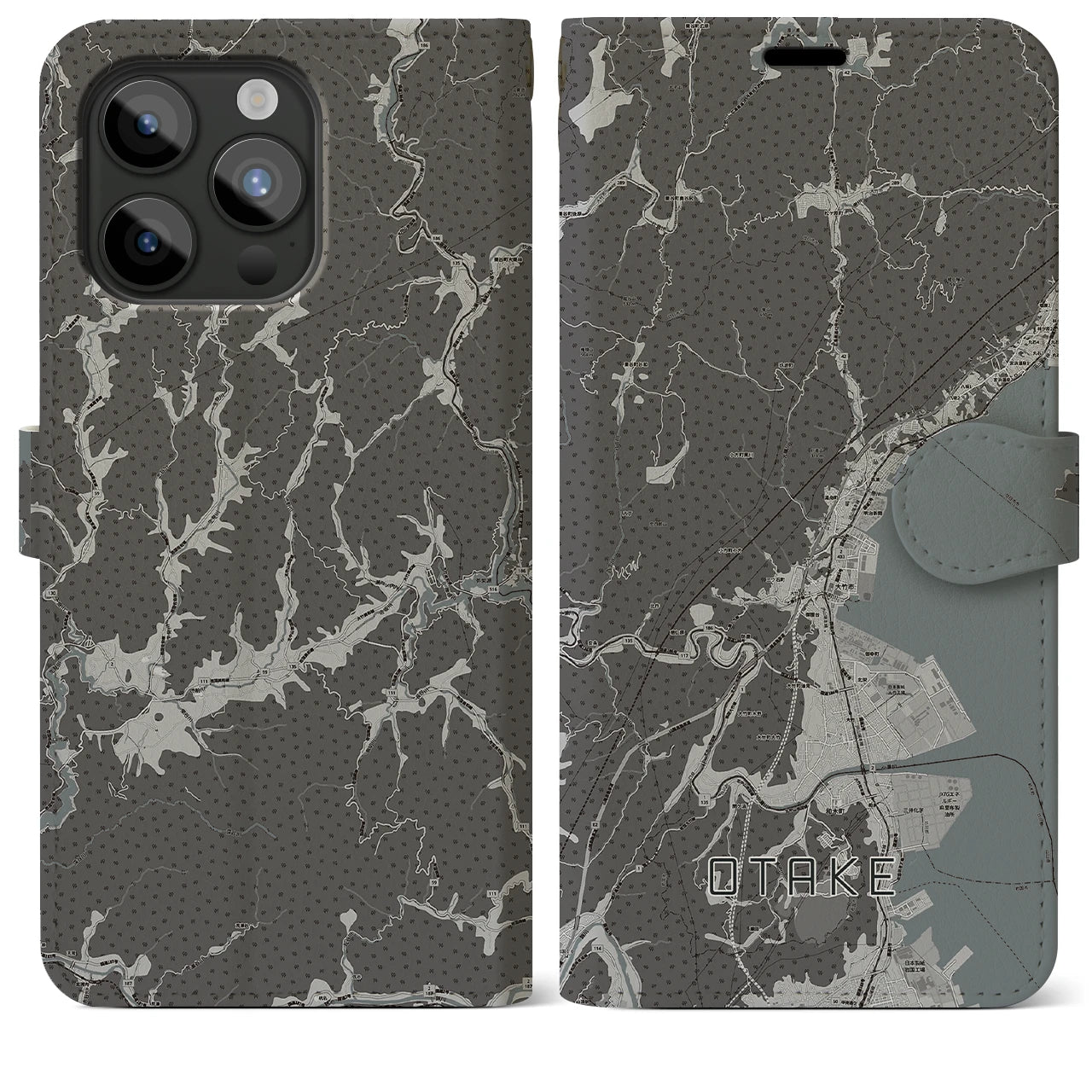 【大竹(広島県)】地図柄iPhoneケース(手帳タイプ)モノトーン・iPhone 15 Pro Max 用