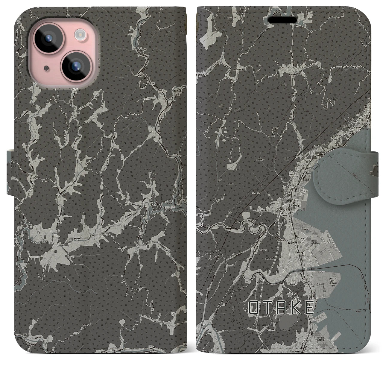 【大竹(広島県)】地図柄iPhoneケース(手帳タイプ)モノトーン・iPhone 15 Plus 用
