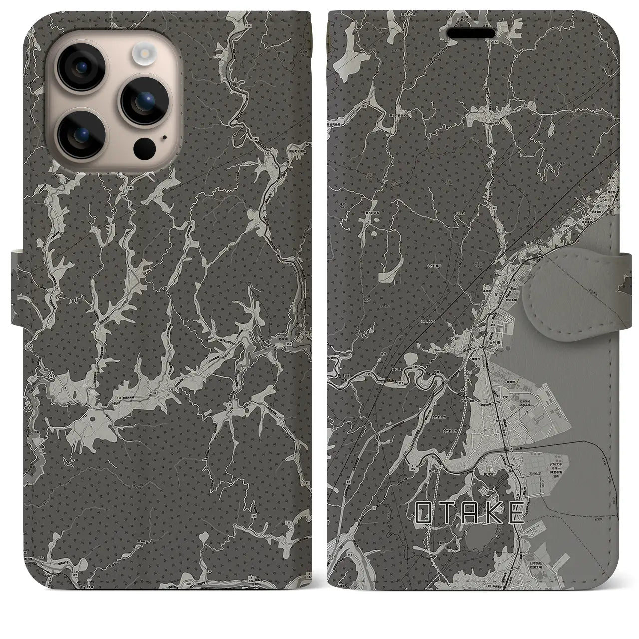 【大竹(広島県)】地図柄iPhoneケース(手帳タイプ)モノトーン・iPhone 16 Plus 用