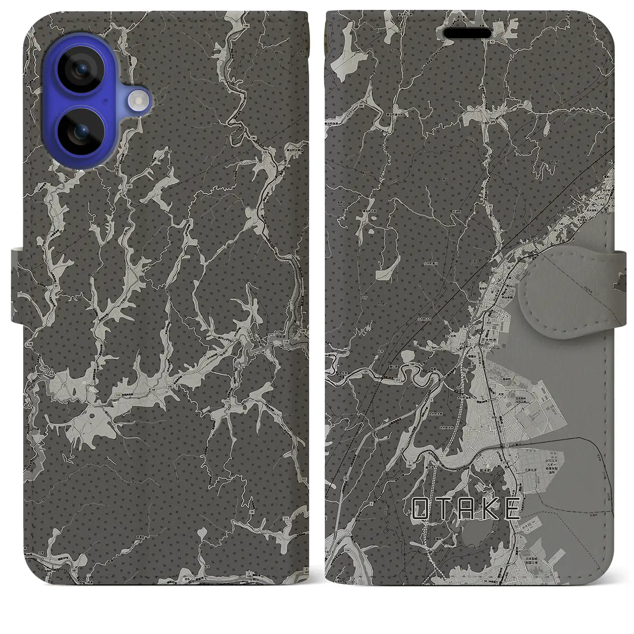 【大竹(広島県)】地図柄iPhoneケース(手帳タイプ)モノトーン・iPhone 16 Pro Max 用