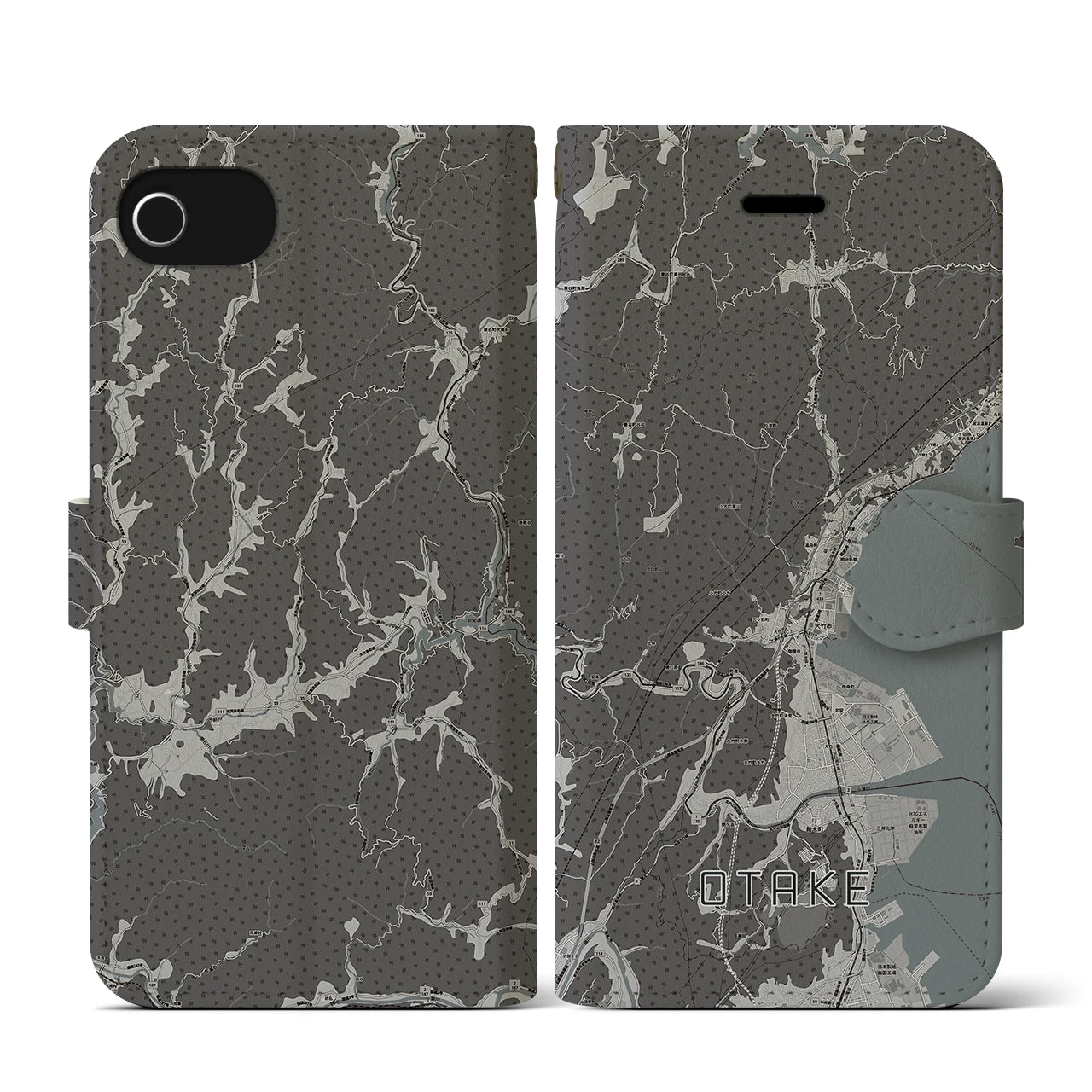 【大竹(広島県)】地図柄iPhoneケース(手帳タイプ)モノトーン・iPhone SE(第3 / 第2世代) / 8 / 7 / 6s / 6 用