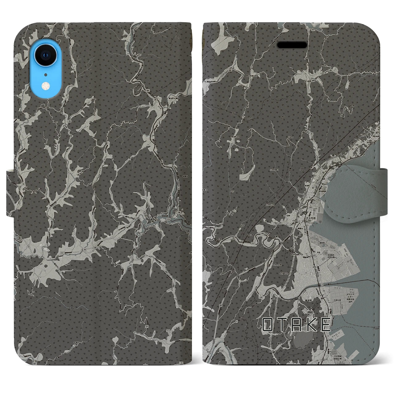 【大竹(広島県)】地図柄iPhoneケース(手帳タイプ)モノトーン・iPhone XR 用