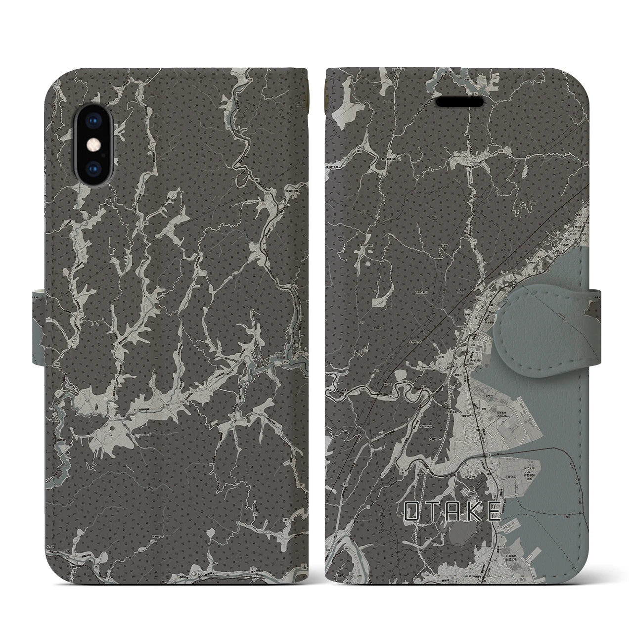 【大竹(広島県)】地図柄iPhoneケース(手帳タイプ)モノトーン・iPhone XS / X 用